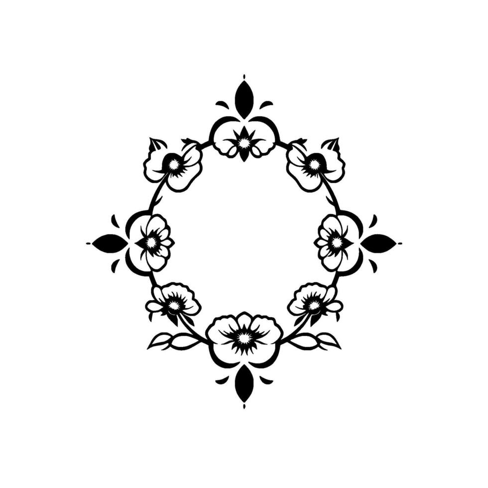 Elegant black and white floral wreath arranged in a circular pattern with delicate leaves and symmetrical accents, perfect for a or decorative element. vector