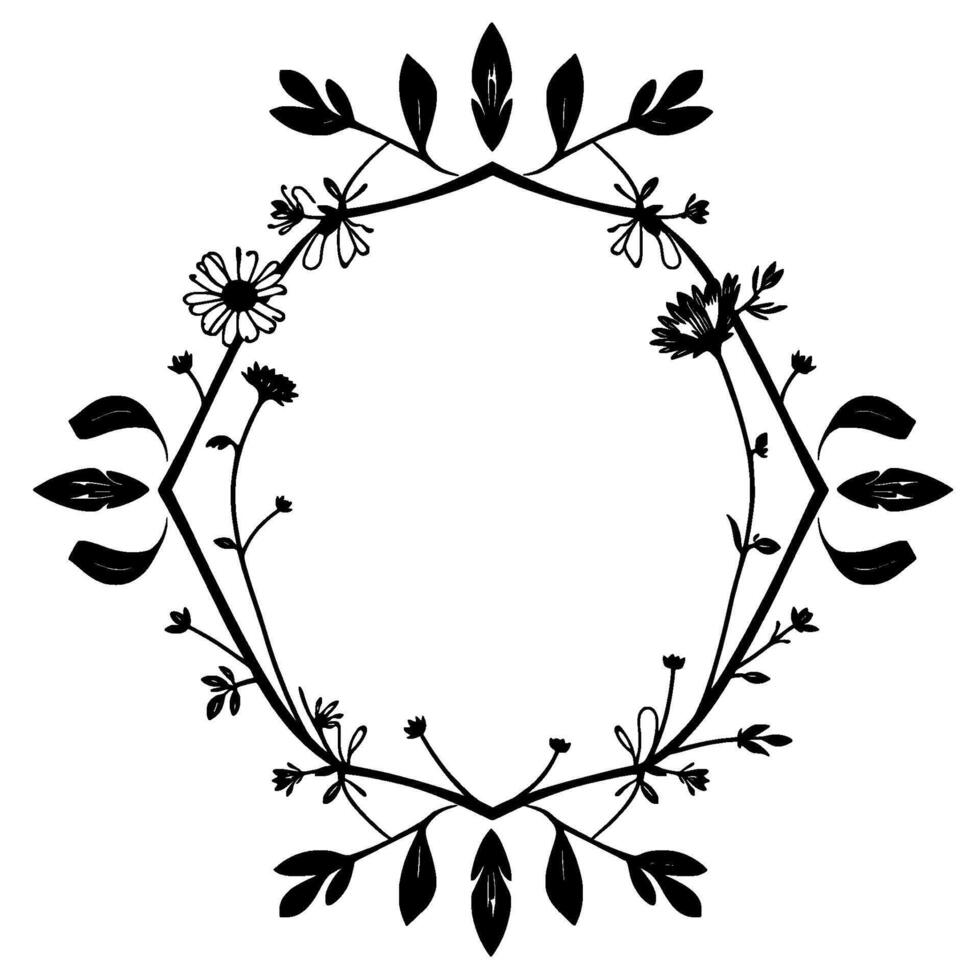 Elegant Black and White Floral Frame with Daisies and Leaves in a Diamond Shape, Isolated on White. vector