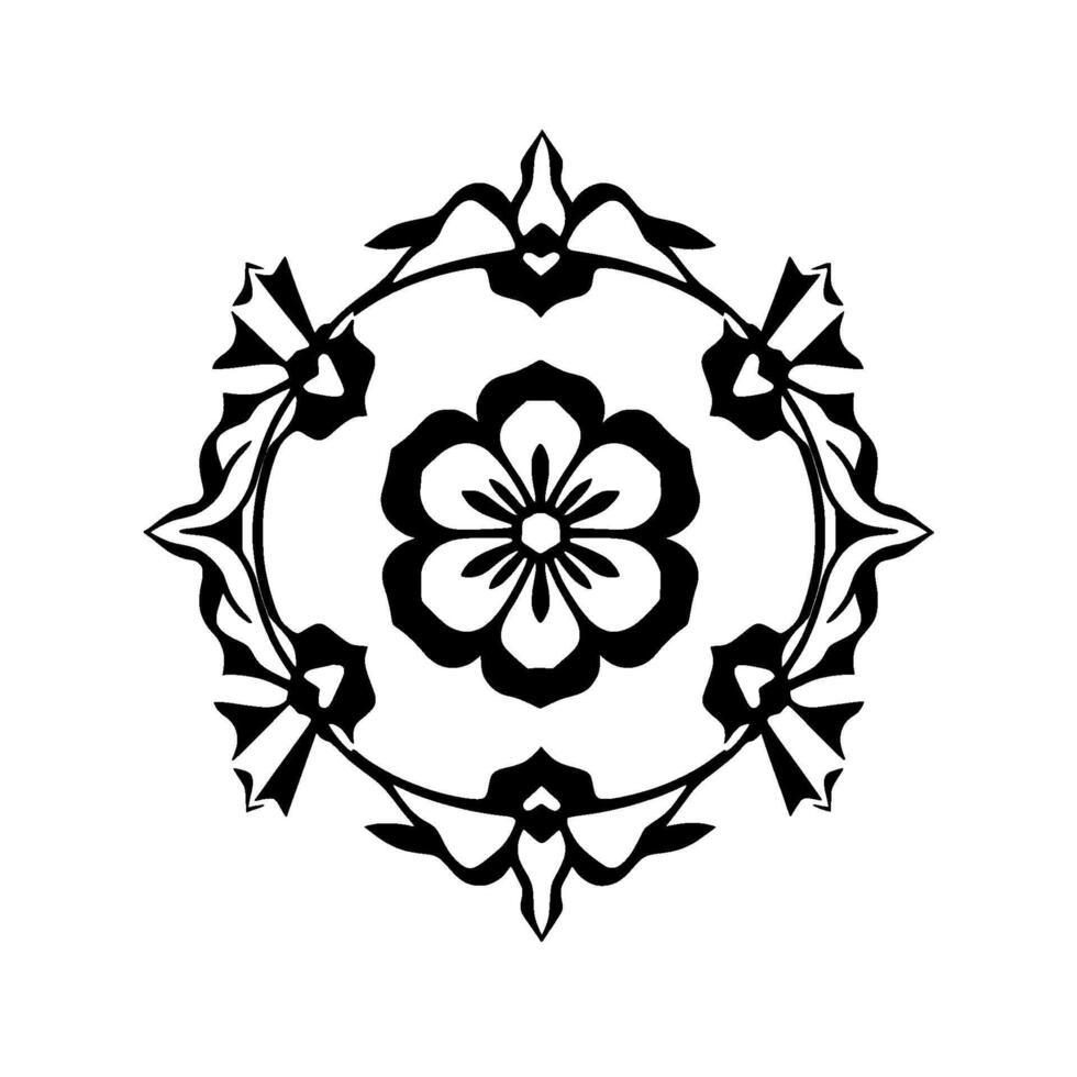 Symmetrical Black Floral in a Circle, Decorative Ornament on White Background, Detailed Botanical Motif. vector