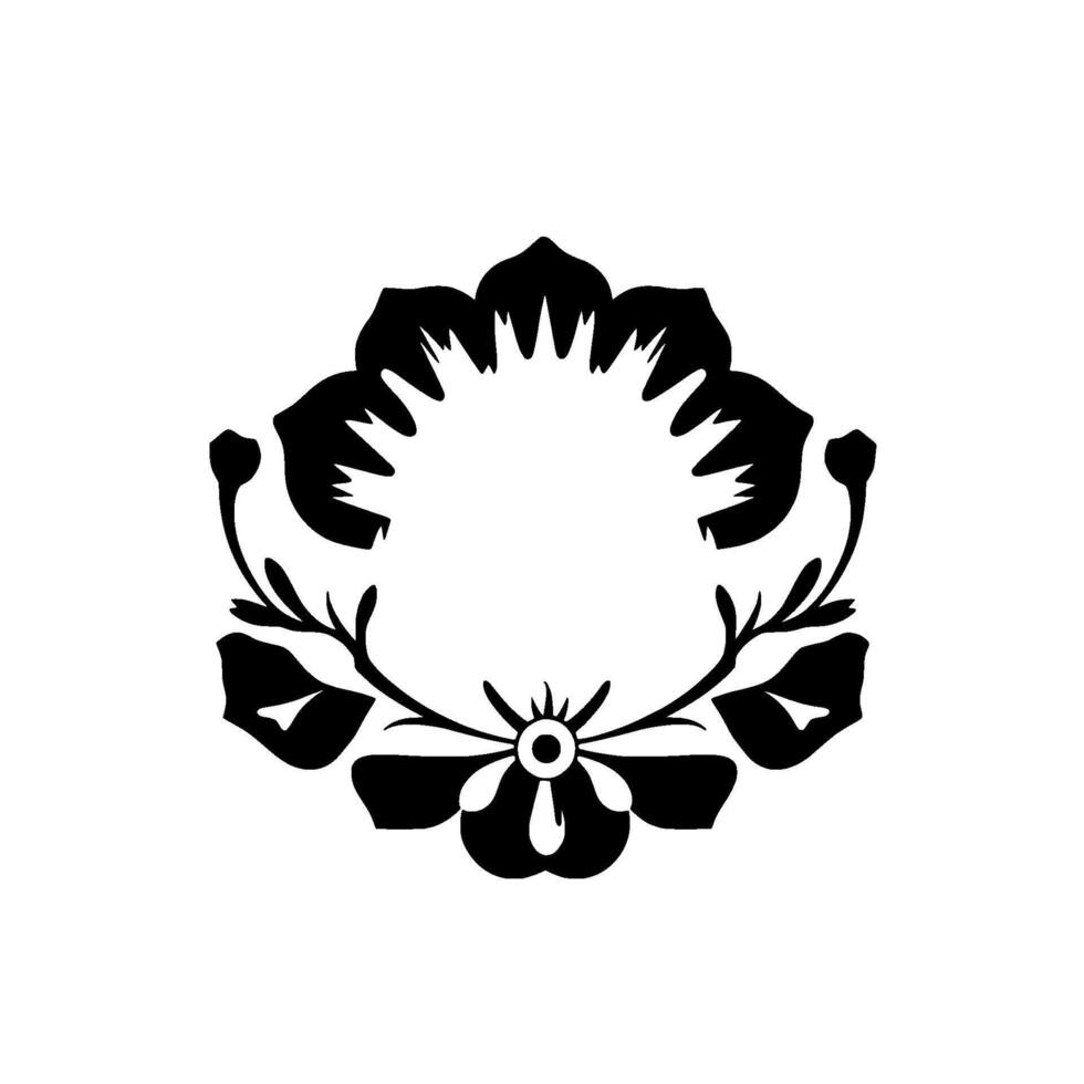 Symmetric Black and White Floral with a Central Flower, Budding Sprigs, and a Circular Frame. vector