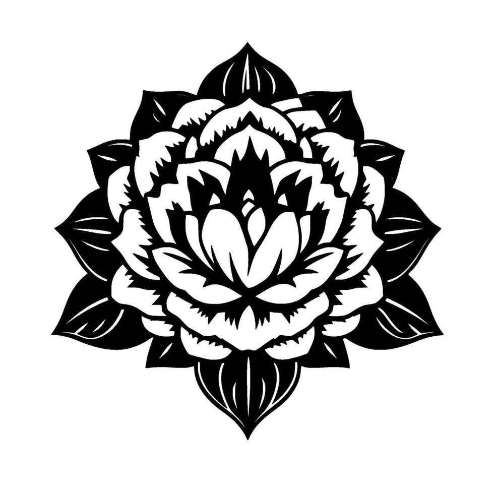 Bold Black and White Lotus Flower with Symmetric Petals, Botanical Illustration. vector