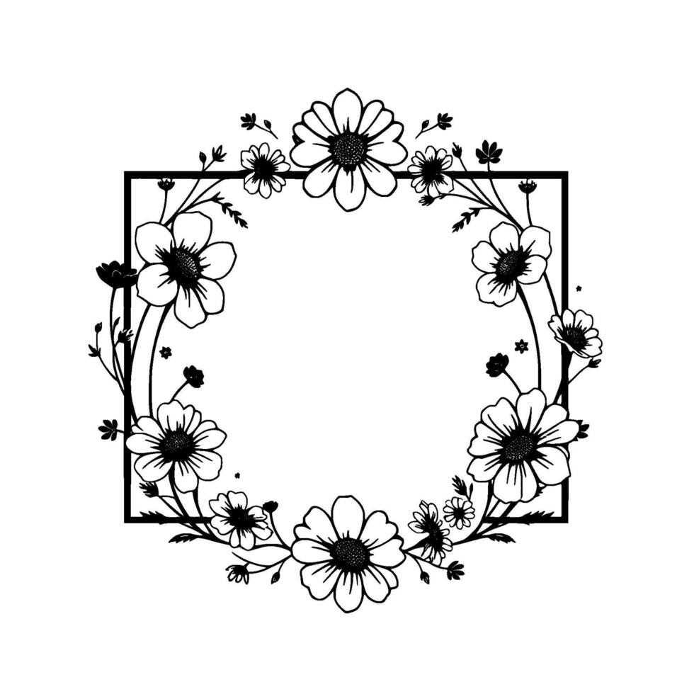 Elegant black and white floral wreath , daisies, and foliage frame a central open square, perfect for text or a . vector