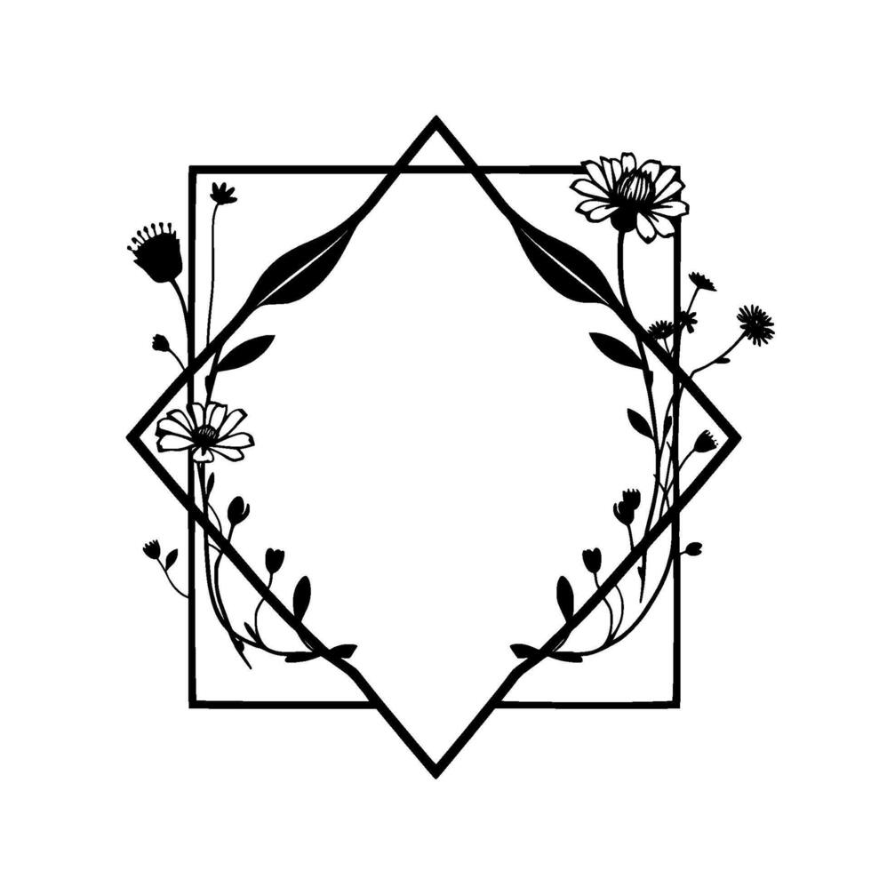 Floral Frame Black White Botanical with Geometric Overlay, Daisies Leaves, Elegant and Minimalist, Perfect for Invitations Logos. vector