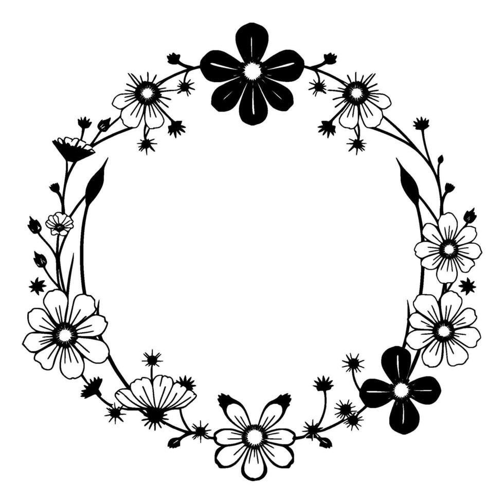 Elegant Black and White Floral Wreath Delicate botanical arrangement with a circular frame of stylized flowers and leaves. vector