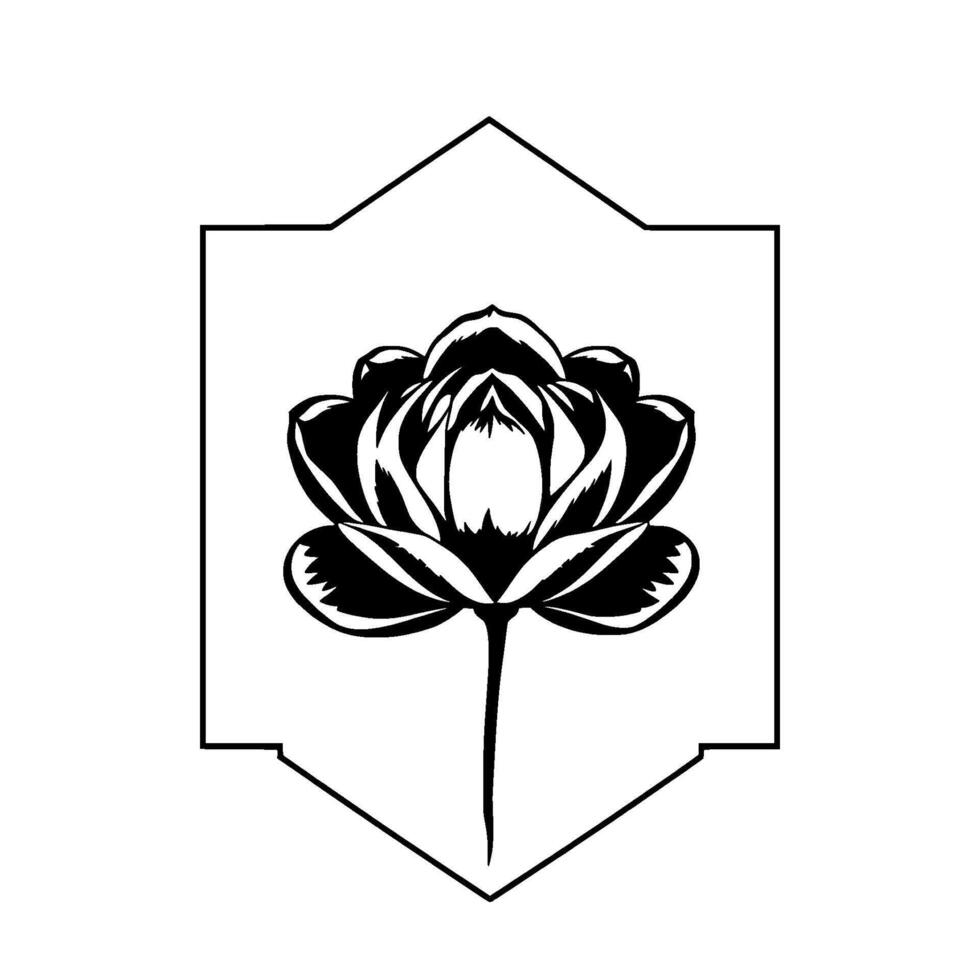 Elegant Black and White Lotus Flower Illustration Enclosed in an Ornate Frame, Evoking Serenity and Minimalist . vector