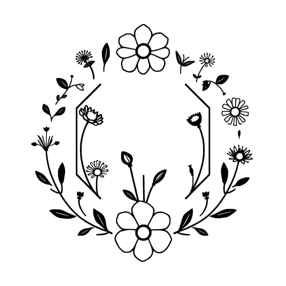 Elegant Black and White Floral Wreath Enclosing an Open Geometric Space for Text, Featuring Various Flower and Leaf Illustrations. vector