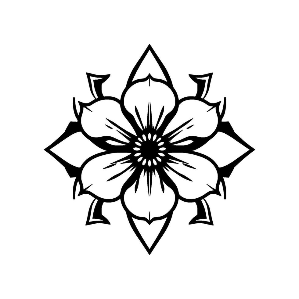 Symmetrical, Vectorized Black and White Floral with Geometric Overlay and a StarLike Center on a White Background. vector