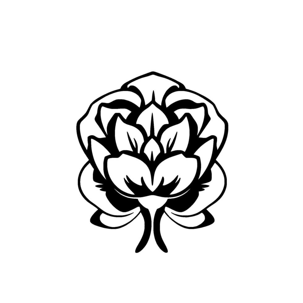 Elegant black and white stylized floral illustration, symmetrical composition, resembling a stylized lotus or peony, isolated on a white background. vector