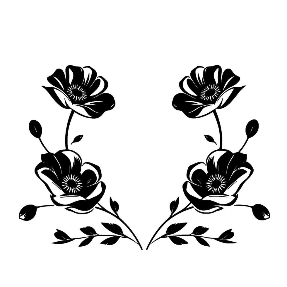 Symmetrical, Illustration of Black White Floral Arrangement with Poppylike Blooms and Leafy Branches. vector