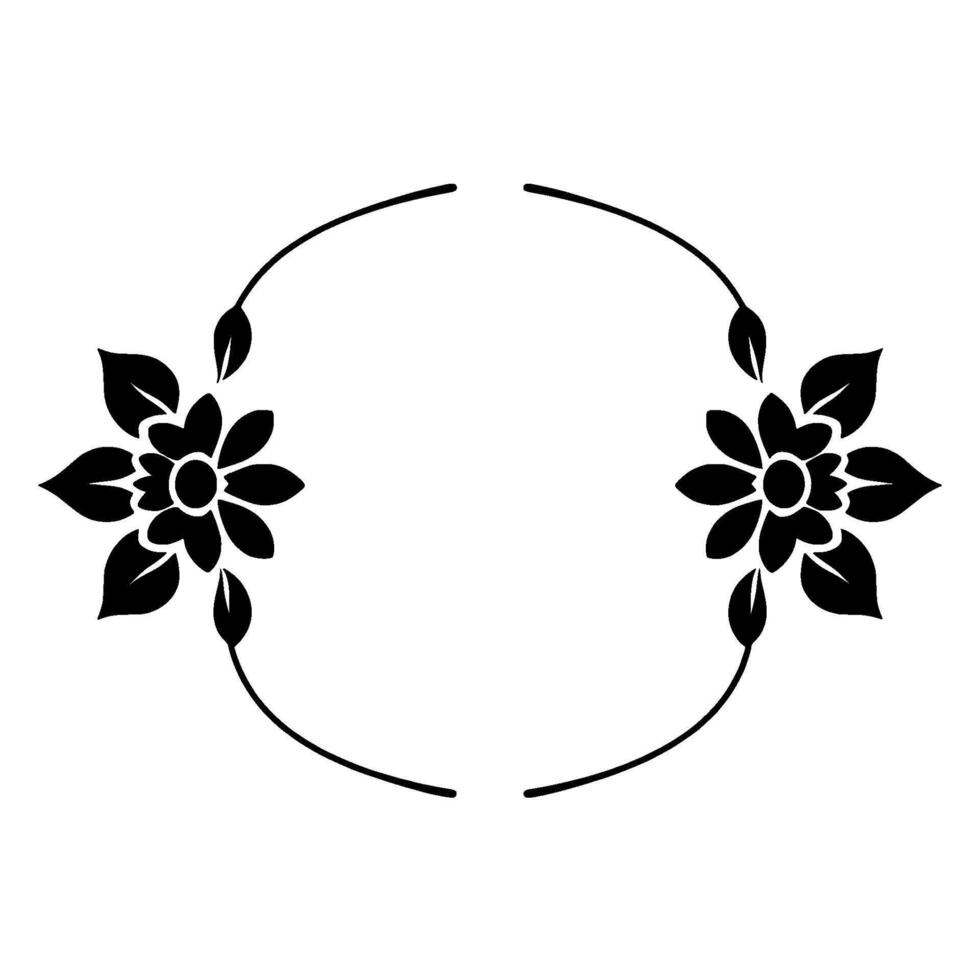 Elegant, symmetrical black floral wreath , featuring two detailed flowers connected by graceful curved lines and leaves, on white background. vector