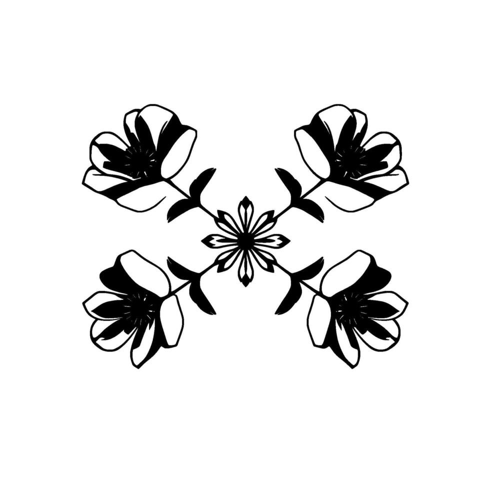 Symmetrical Floral in Monochrome with Four Blossoms Emanating from a Central Smaller Flower, Black and White Art. vector
