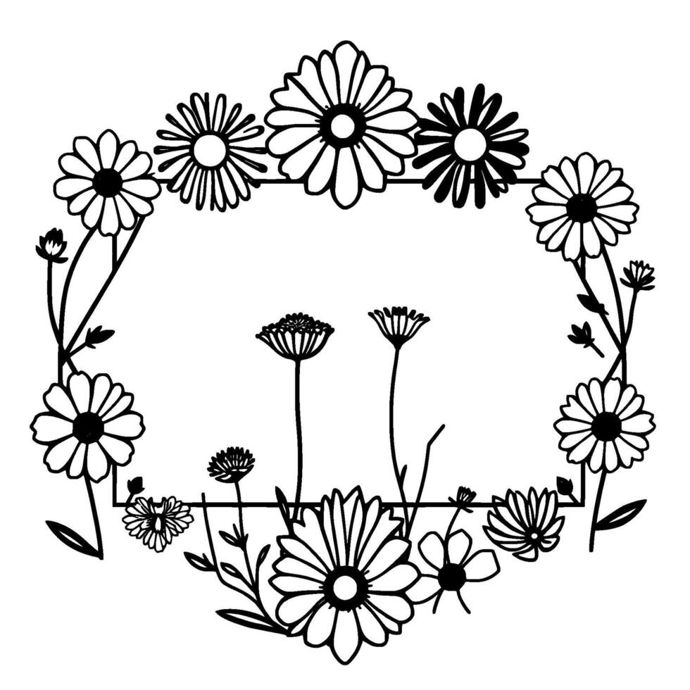 A minimalist black and white floral frame , showcasing daisylike flowers and abstract blooms, surrounding a clean, empty space. vector