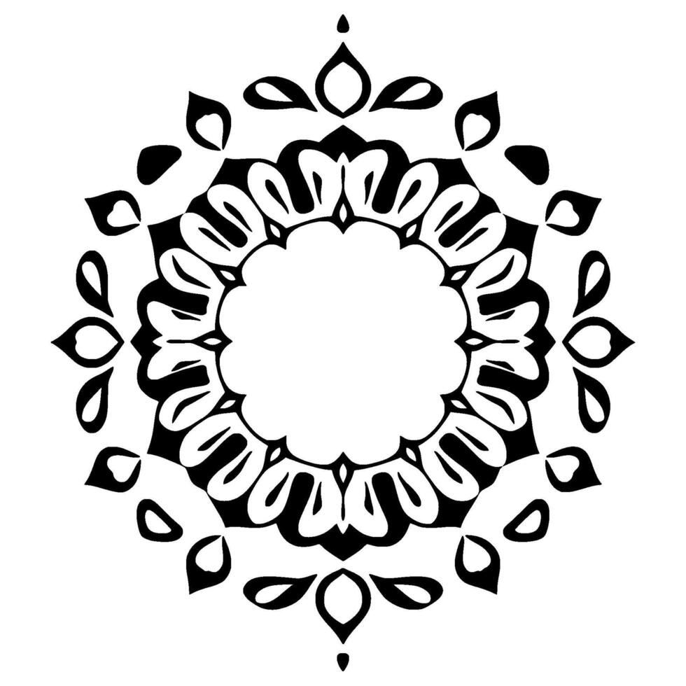 Intricate symmetrical black and white floralinspired geometric mandala with detailed petallike shapes and open center. vector