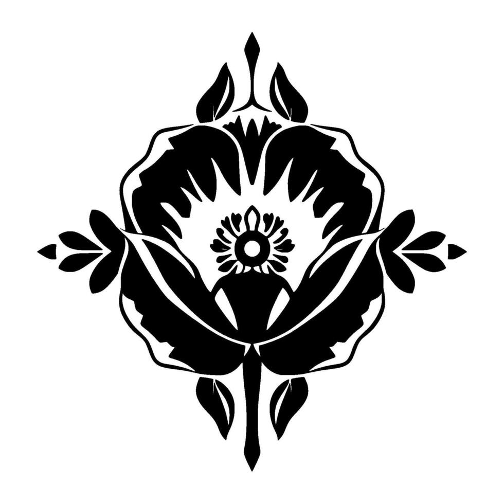 Symmetrical floral emblem in stark black and white, featuring stylized petals, leaves, and a central, detailed flower with a symmetrical . vector