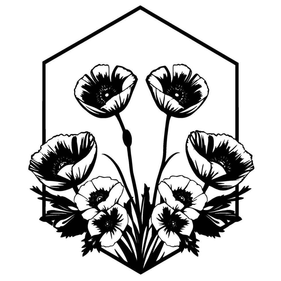 Elegant Black and White Botanical Illustration A symmetrical floral arrangement of poppies and smaller blossoms, framed by a geometric hexagon. vector