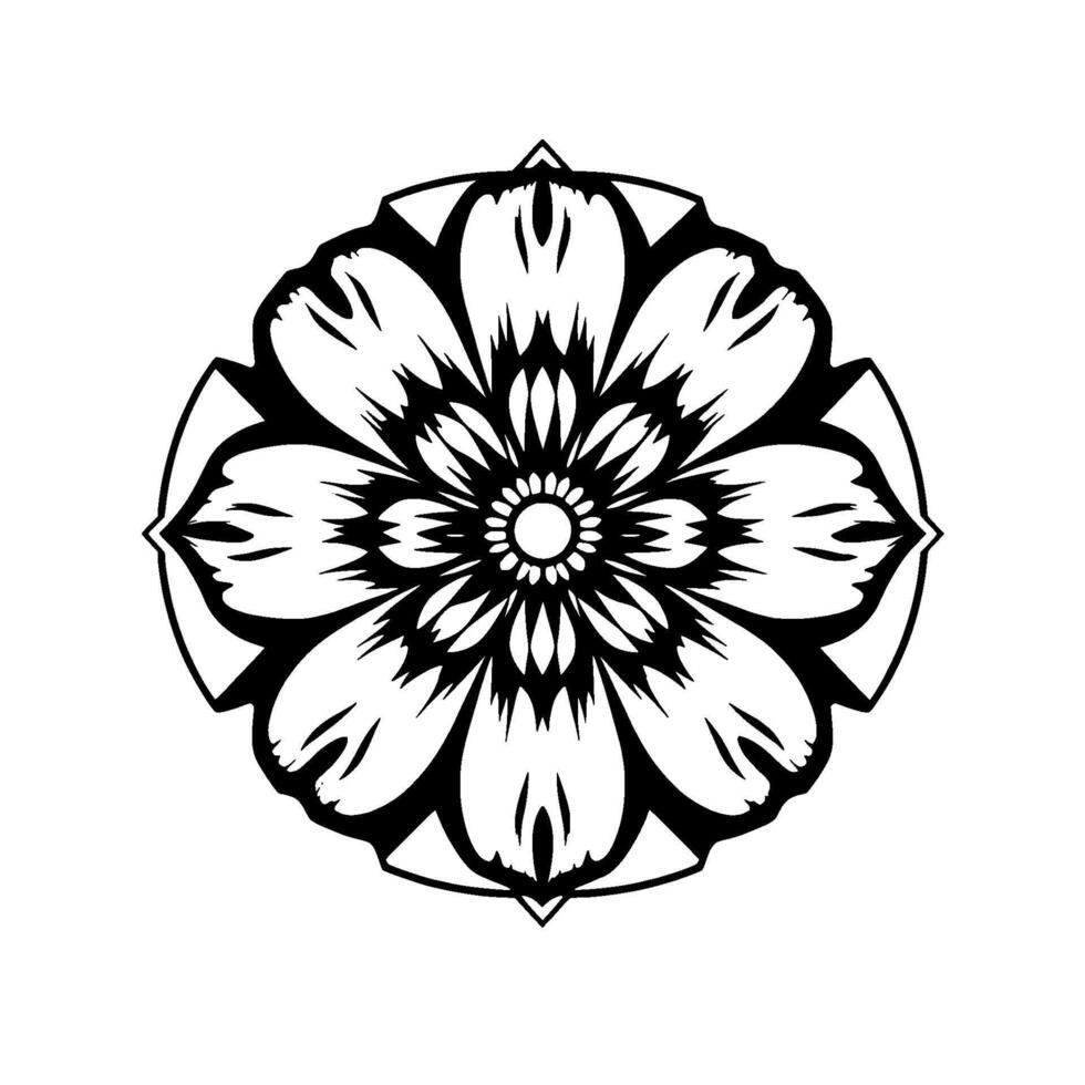 Intricate symmetrical floral mandala in bold black and white, featuring layered petal patterns, a circular center and geometric embellishments. vector