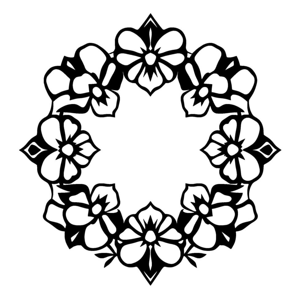 Ornate Black White Floral Wreath Symmetrical with Bold Outlines, Centered on White, Decorative Border, and Elegant Flourishes. vector