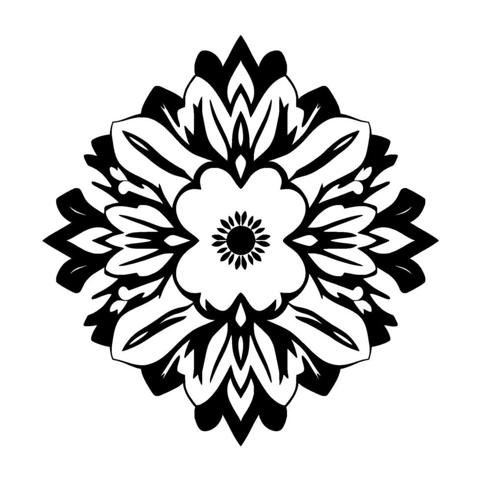 Symmetrical Floral Mandala in Black and White with Petal, Leaf, and Center Details, on White Background. vector