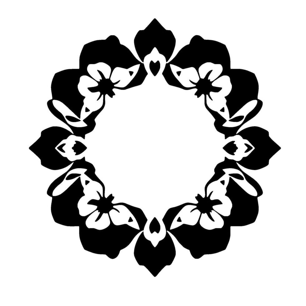 Circular Floral with Black and White Silhouette, featuring stylized flower blossoms arranged symmetrically, creating a bold, elegant, and decorative pattern. vector