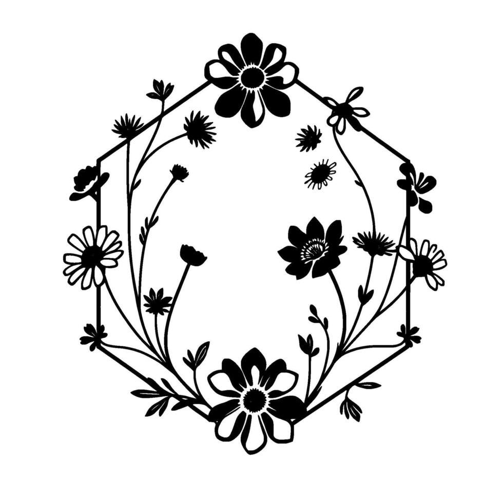 Intricate Black Floral Hexagon Frame with Various Detailed Blossoms, Leaves, and Stems on a White Background. vector