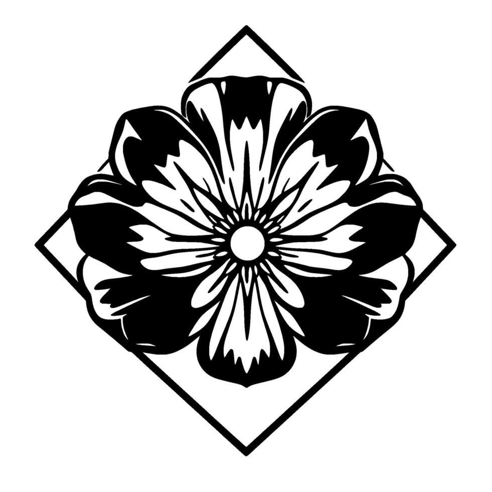 Bold Black White Floral Mandala Enclosed in a Diamond Frame, Showcasing Detailed Petals and Central Core. vector