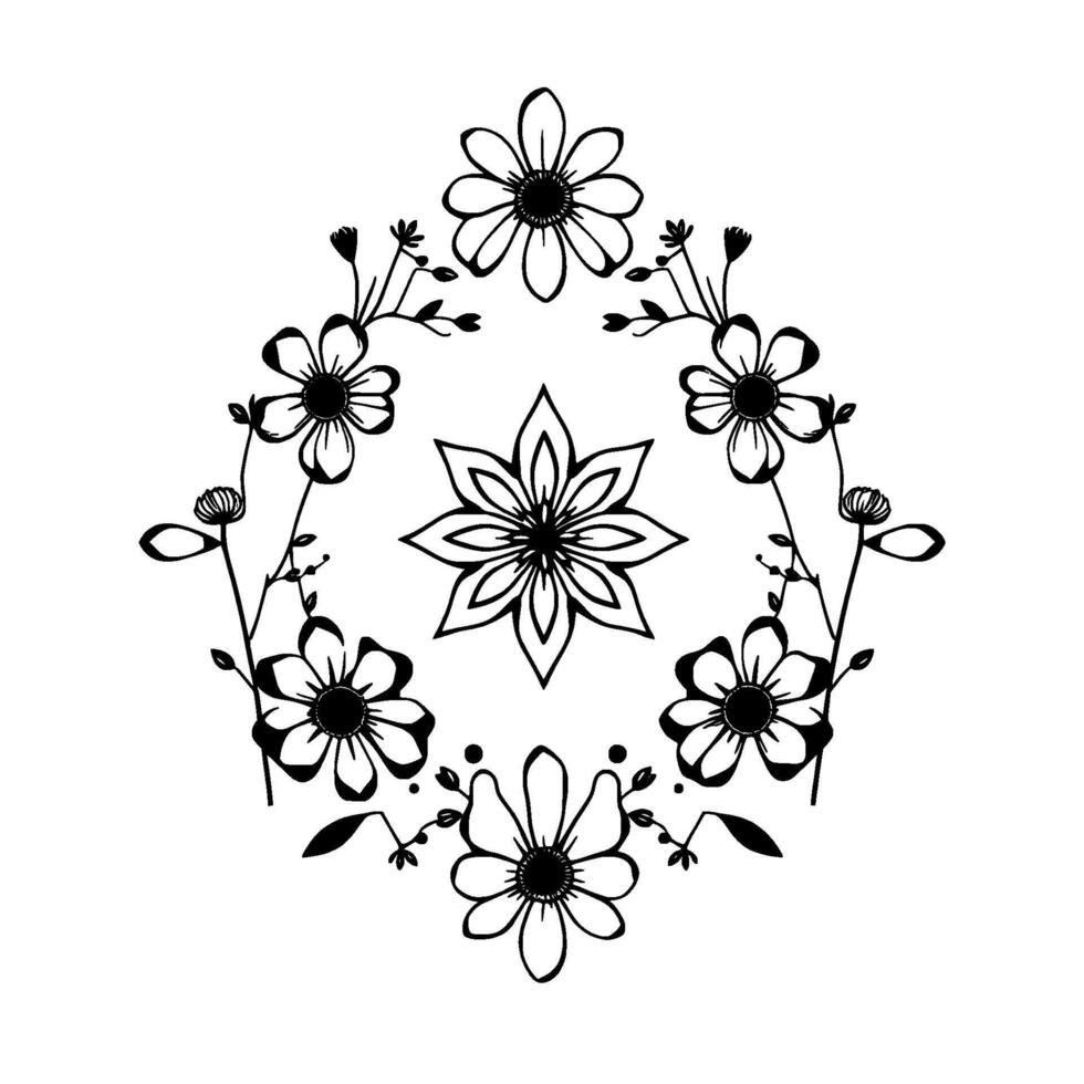 Black and White Floral Mandala A symmetrical featuring stylized flowers, leaves, and a central starburst element arranged in an oval frame on a clean white background. vector