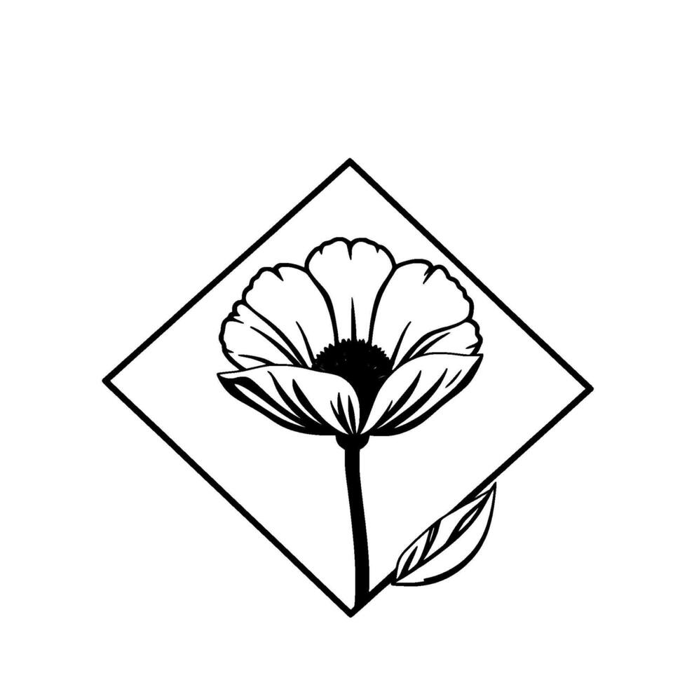 Minimalist black and white illustration of a poppy flower inside a diamond, embodying elegance and simplicity. vector
