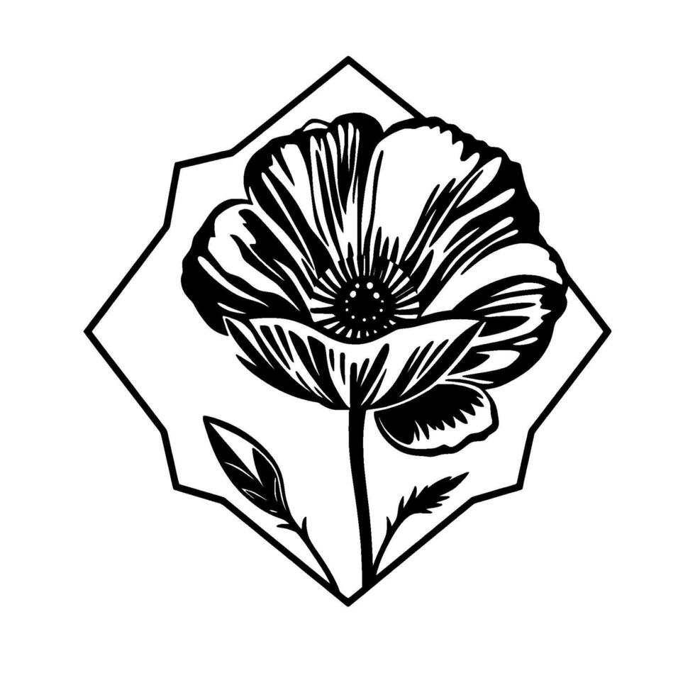 Intricate Black and White Poppy Illustration Enclosed in a Geometric Rhombus, Symbolizing Elegance and Natures Beauty. vector