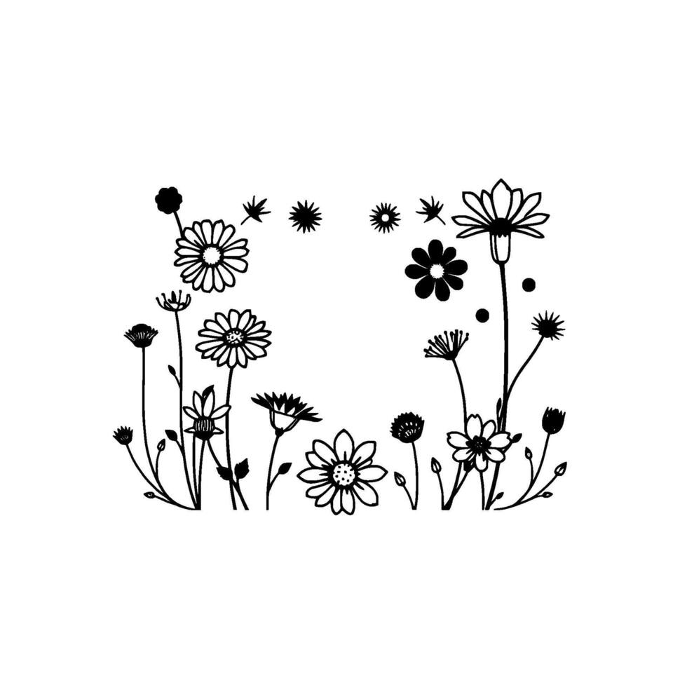 Minimalist Floral Illustration Delicate black line art arrangement of various flowers and buds, isolated on clean white background. vector