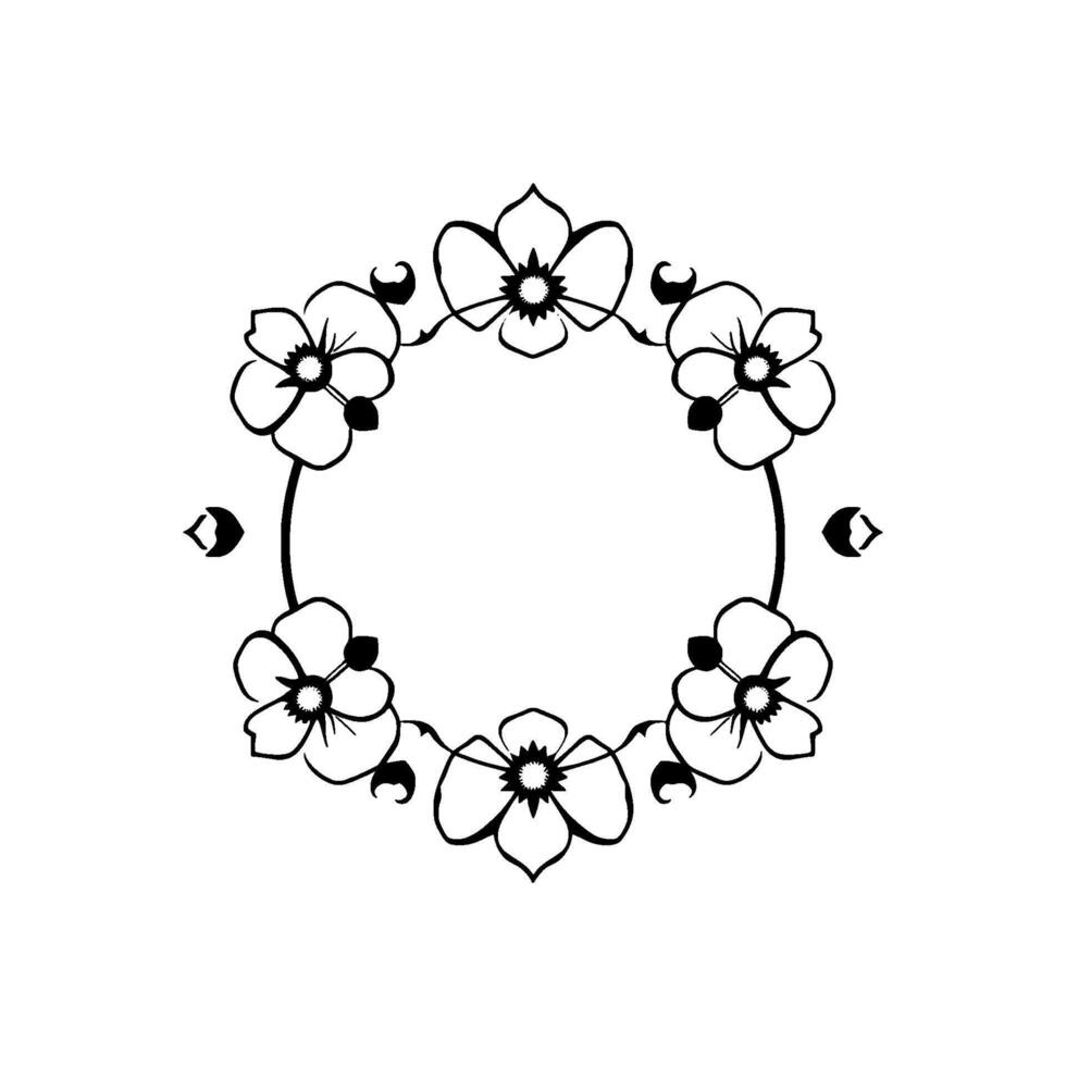 Stylized Floral Wreath in Black and White A symmetrical arrangement of blossoming flowers forming a circular frame, with elegant, minimalist . vector