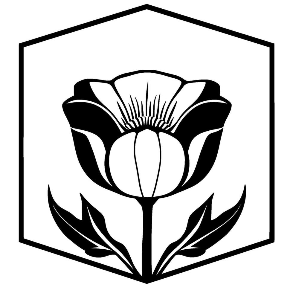 Stylized Black and White Floral Within a Hexagonal Frame, Showcasing a Detailed Poppylike Flower with Leaves. vector