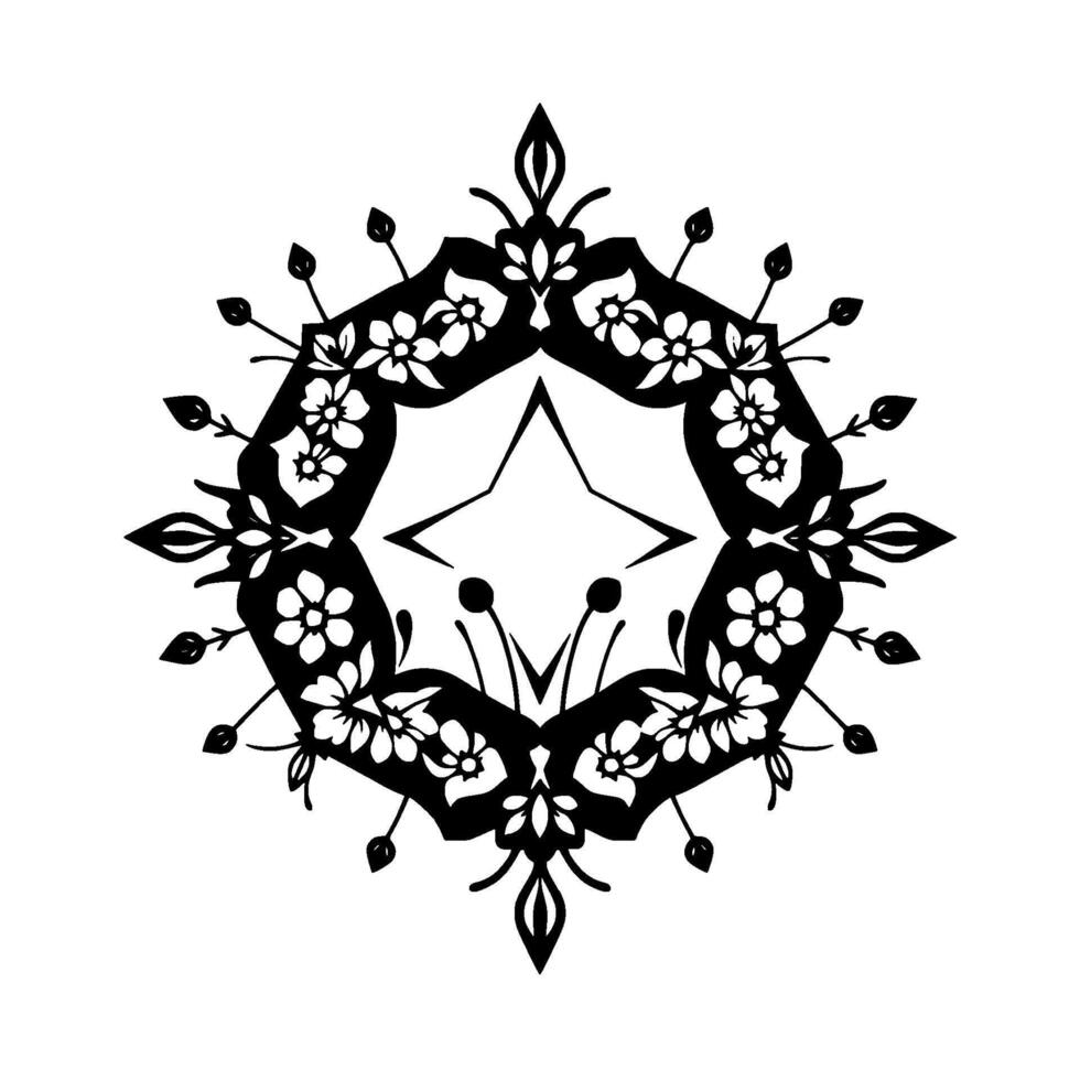 Symmetrical Black and White Floral Geometric Pattern featuring a central star and stylized organic details, creating a harmonious visual balance. vector