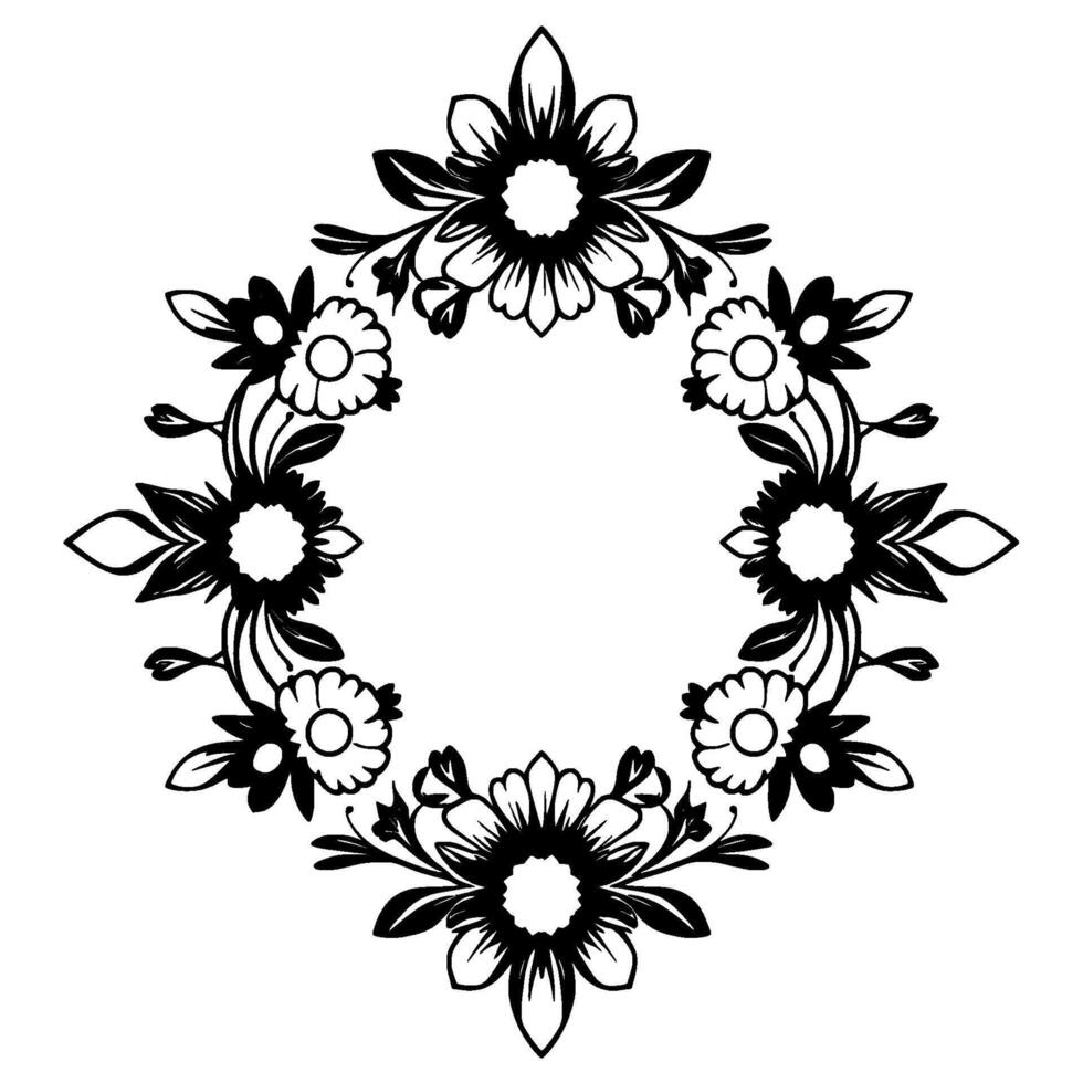 Intricate Black Floral Diamond Frame A Detailed Illustration with Bold Outlines and a Circular Center on White Background. vector