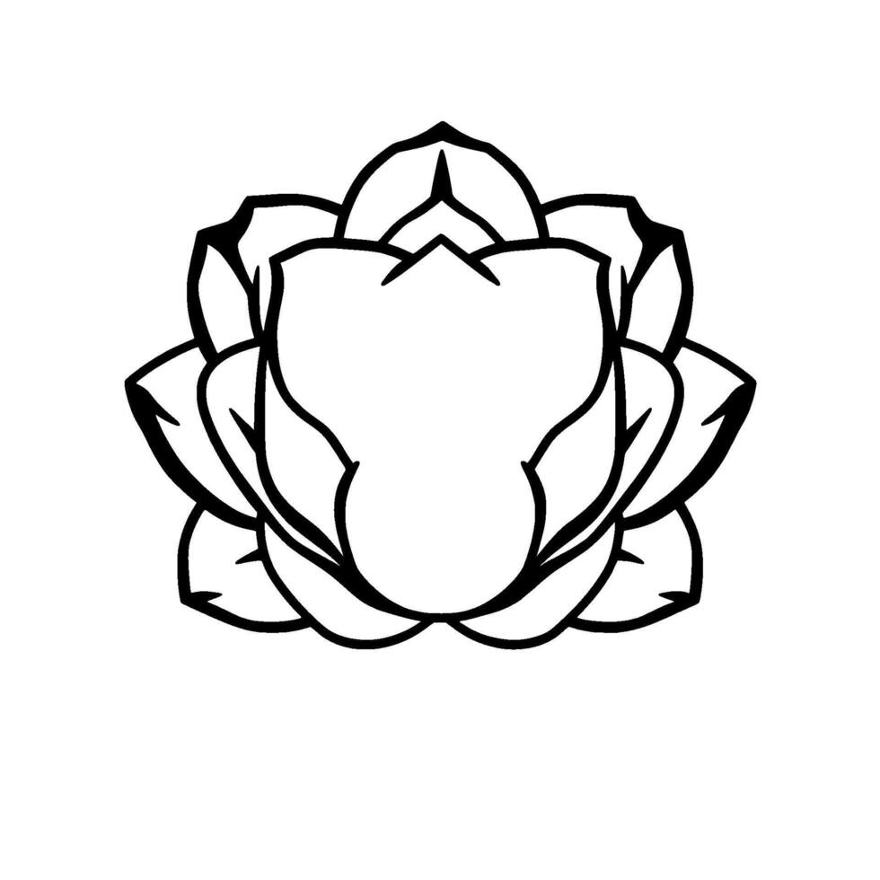 Symmetrical black and white line art of a lotus flower, showcasing its layered petals and minimalist aesthetic on a white background. vector