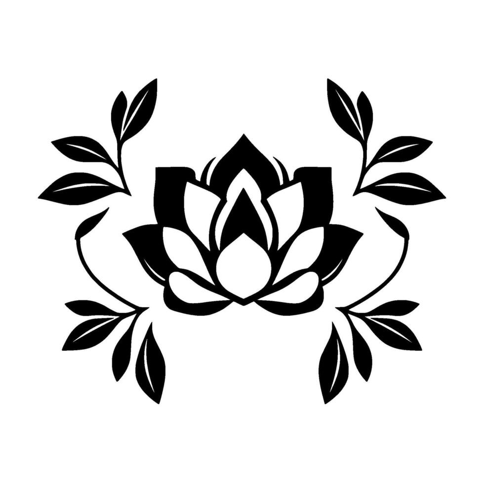 Elegant Black and White Lotus Flower with Curved Branches and Leafy Accents, Art on a White Background. vector