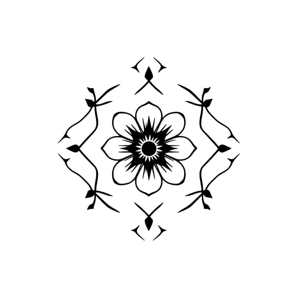 Intricate blackandwhite floral mandala with radiating petals, detailed center, and stylized leaf motifs on a clean white background. vector