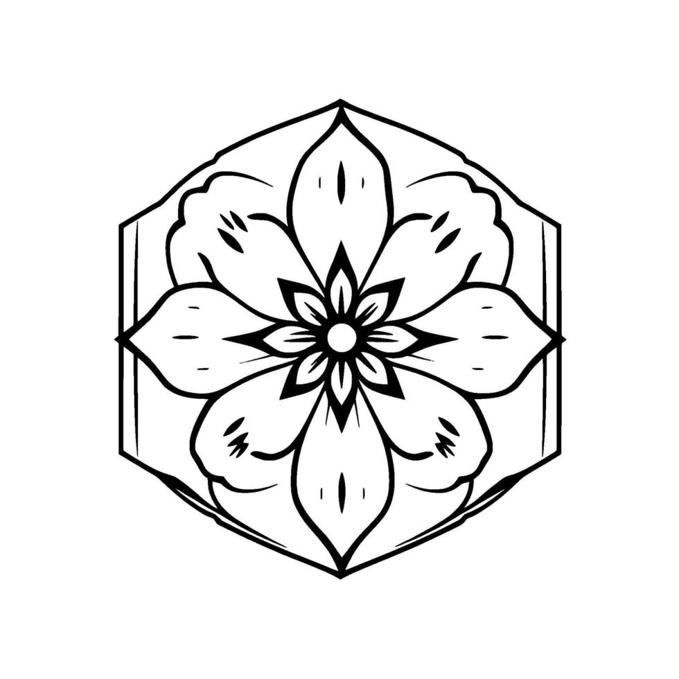 Symmetrical Black White Floral Mandala within a Hexagonal Frame, Geometric Stylized, Decorative Art. vector