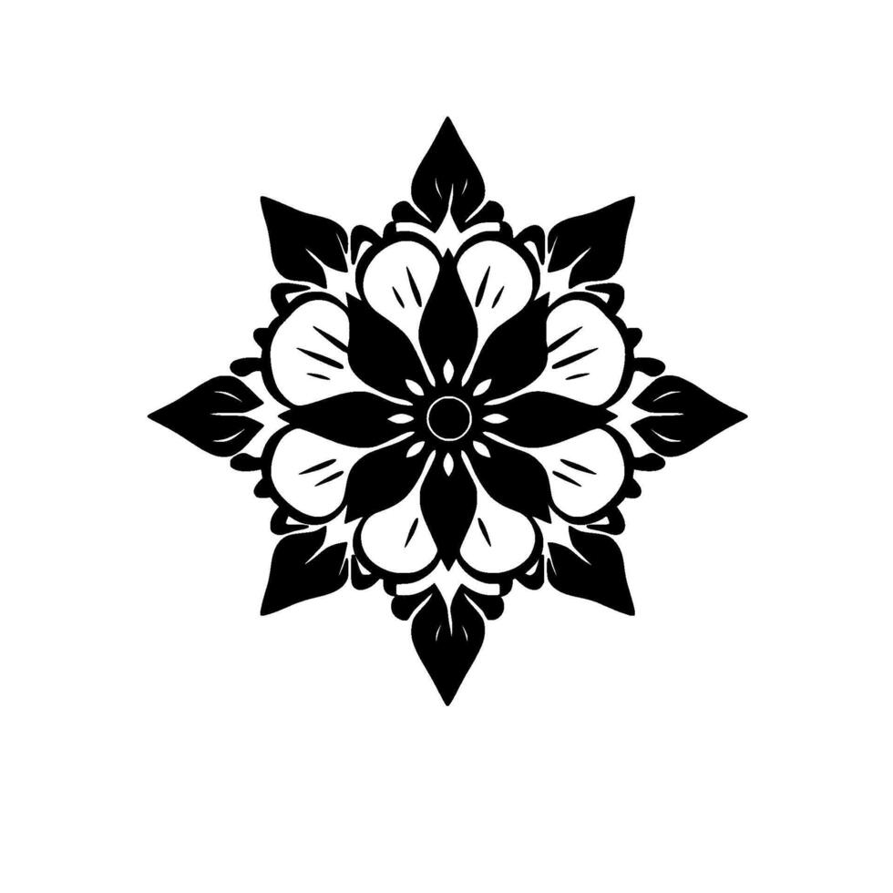 Symmetrical Black and White Floral Mandala with a StarLike Shape and Intricate Petal and Leaf Detailing vector