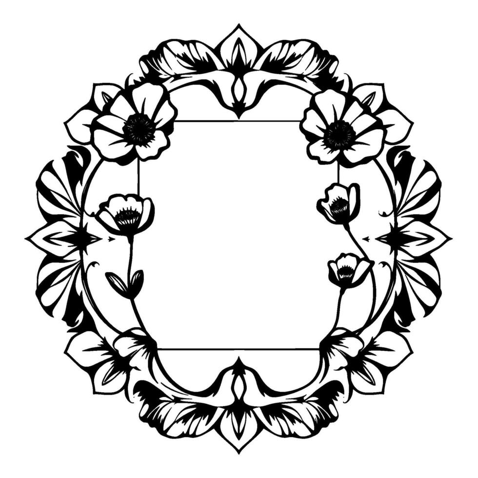 Illustration of a Monochromatic Floral Border with a Square Center for Elements, Emphasizing Nature and Elegance. vector