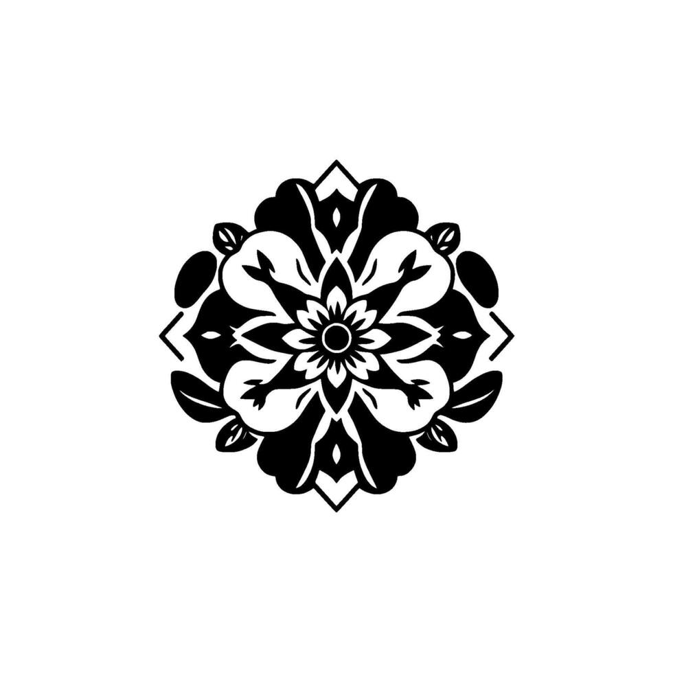 Intricate symmetrical black and white floral mandala , with layered petals and decorative foliage within a diamond frame, set against a stark white backdrop. vector