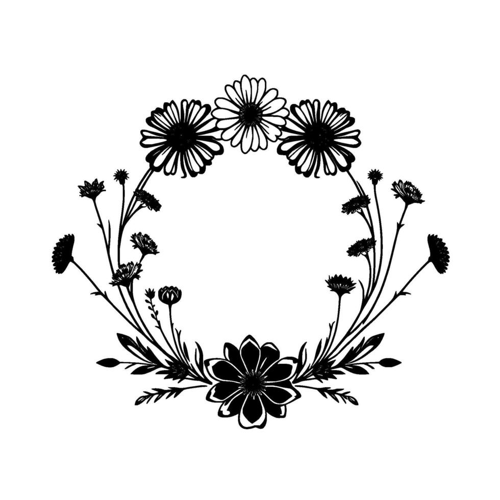 Intricate Black and White Floral Wreath Featuring Daisies, Buds, and Foliage in a Circular Composition. vector