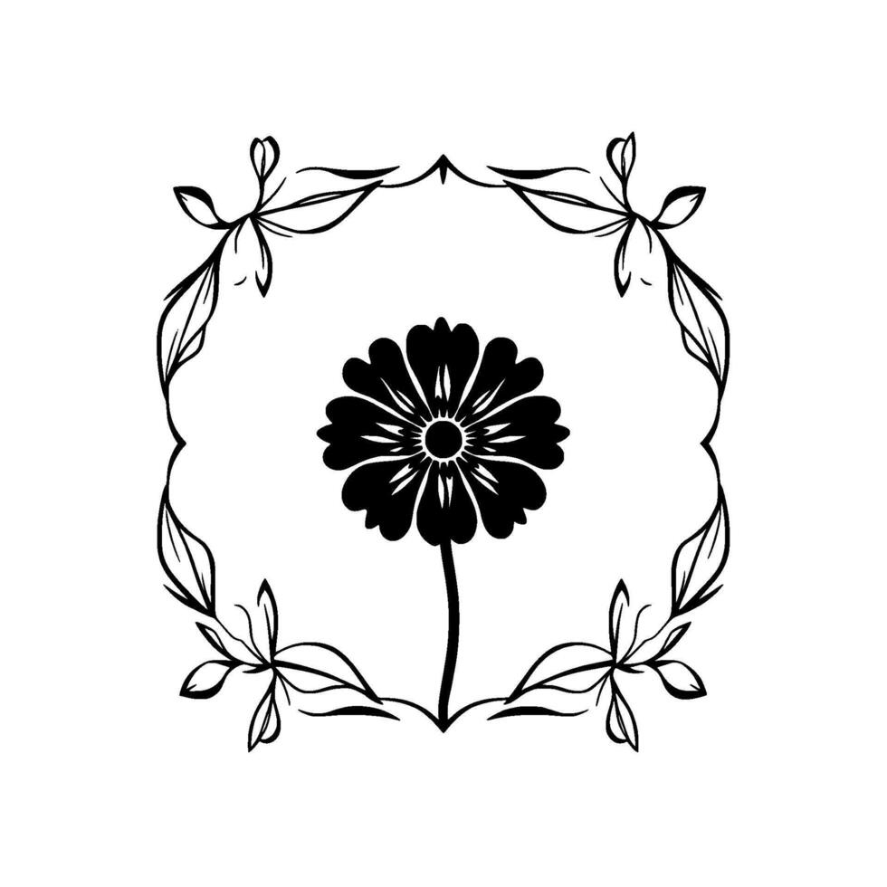 A minimalist, black and white floral featuring a centered gerbera daisy encircled by delicate, leafy vines, creating a harmonious and elegant composition. vector