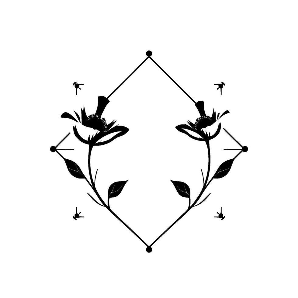 Symmetrical Black and White Floral with Poppylike Blossoms, Geometric Diamond Frame, and Subtle Decorative Elements. vector