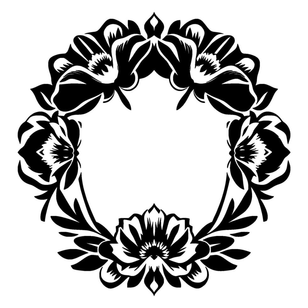 Circular Black and White Floral with a Clear Center, Featuring Intricate Petal Arrangements and Leafy Accents. vector