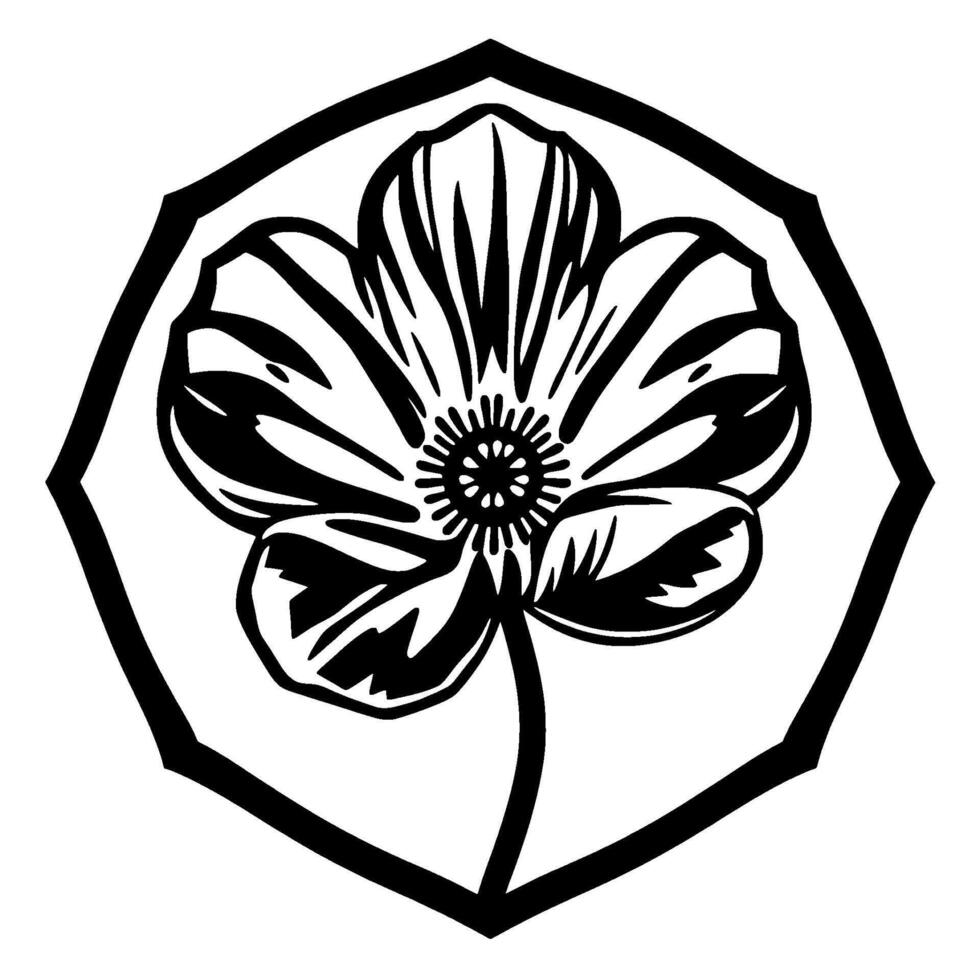 Intricate Black and White Floral Illustration within a Hexagonal Border, Featuring Detailed Petals, Stem, and Seed Head. vector