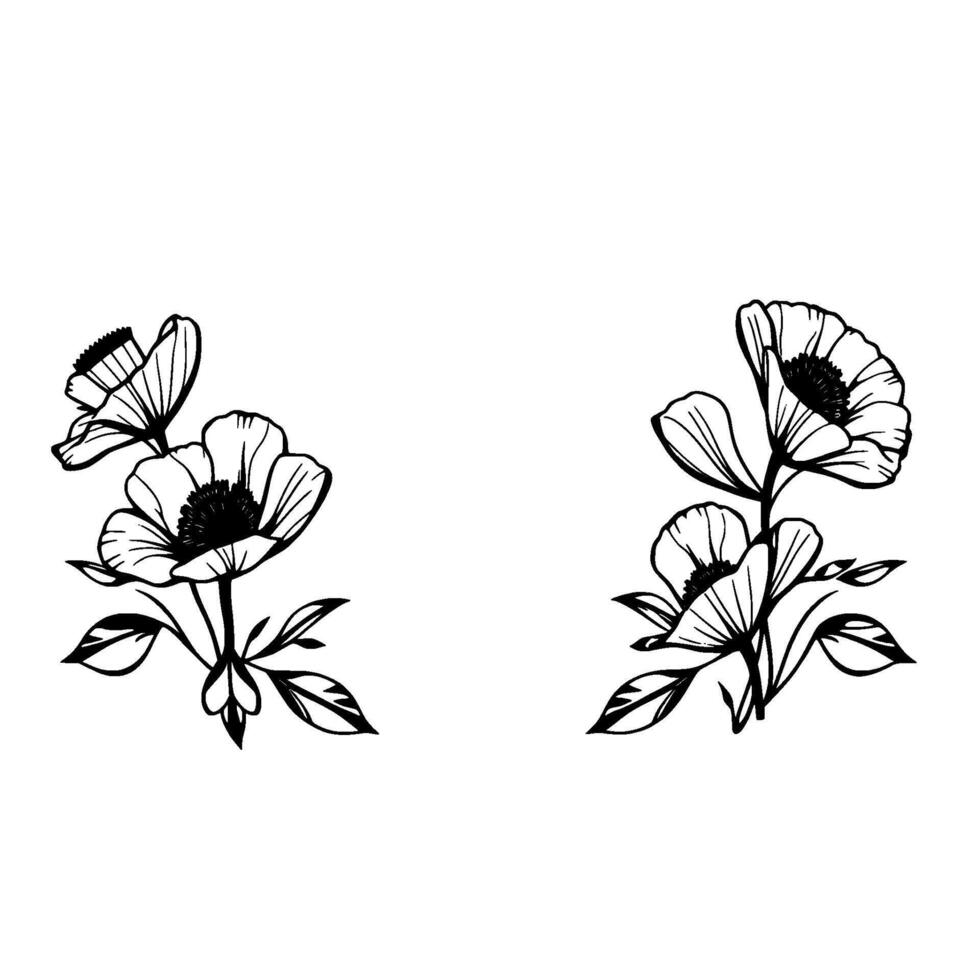 Black and white floral arrangement of two clusters of anemonelike blossoms with leaves, set against a clean white background, simple and elegant. vector