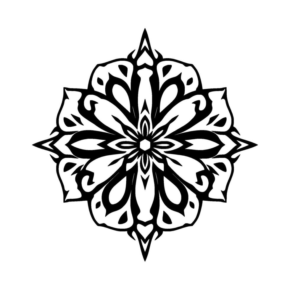 Symmetrical Black White Floral Mandala with Intricate Geometric Patterns and Pointed Petals on a White Background. vector