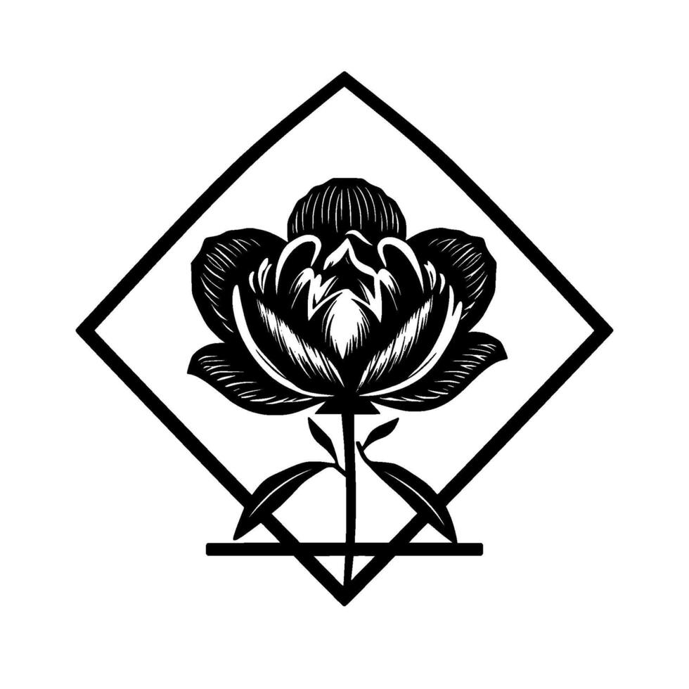 Intricate Black and White Floral Illustration A Stylized Rose within a Geometric Diamond Star Frame, Showcasing Detailed Linework and Contrast. vector