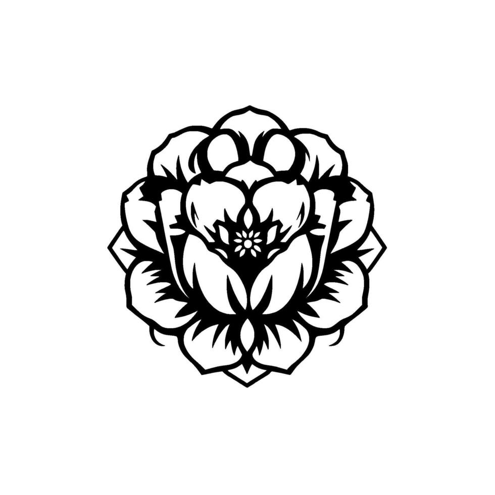 Intricate Black and White Floral Illustration, Featuring a Symmetrical Roselike , Isolated on a Clean White Background. vector