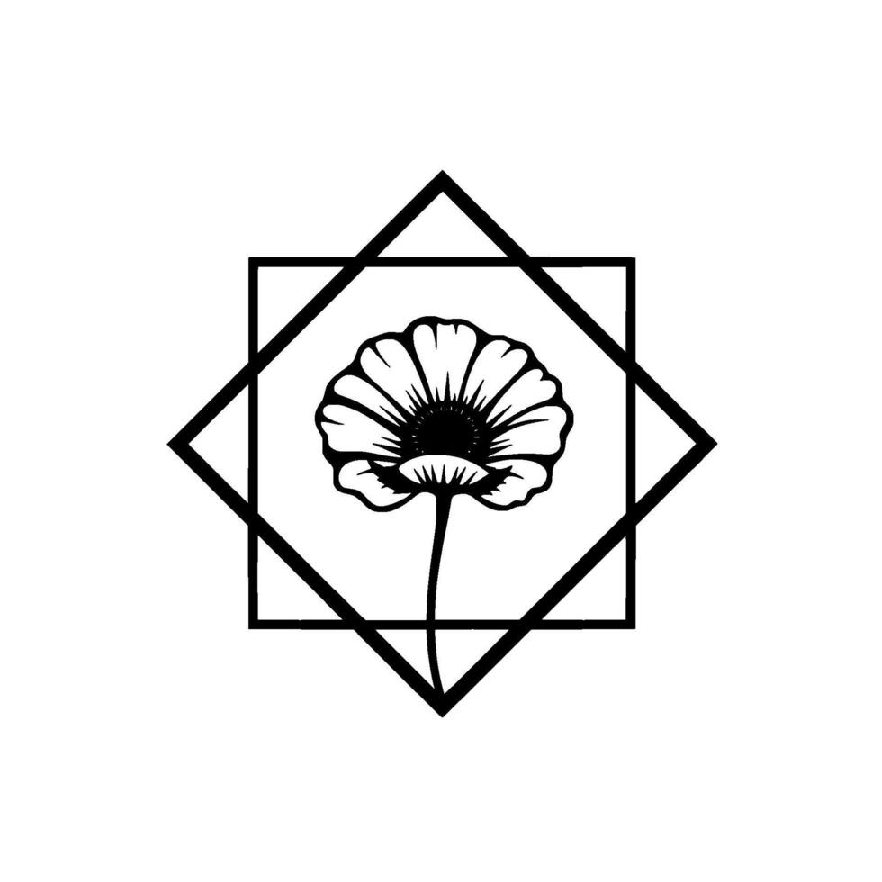 A stylized black and white poppy flower framed within a square and diamond geometric , showcasing clean lines and a symmetrical composition. vector